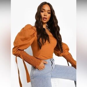 Boohoo Burnt Orange COTTON‎ SQUARE NECK TIE CUFF CROP TOP